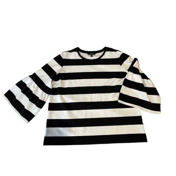 Lauren Ralph Lauren Top XL Navy Blue White Striped Bell Sleeve Knit Blouse - Picture 2 of 6